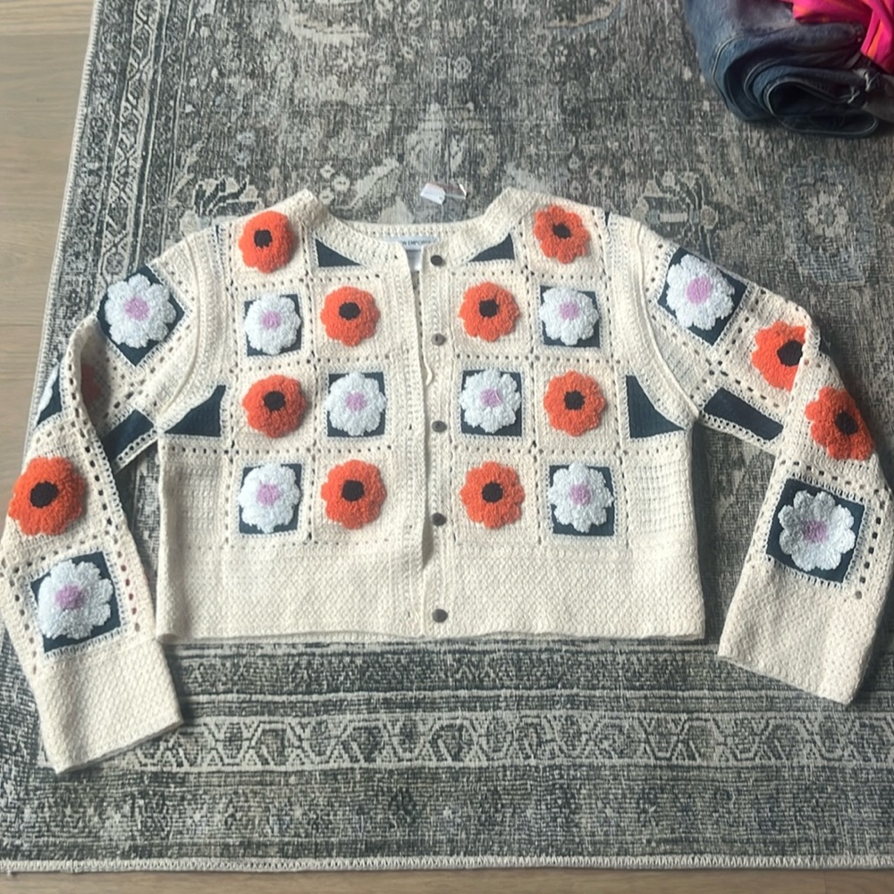 Cotton Emporium Cream Cardigan with Orange and Black Floral Accents